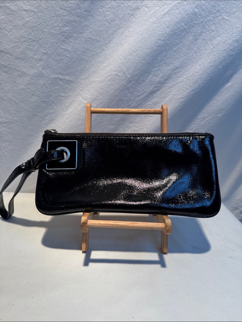 Ann Taylor Black Patent Wristlet Clutch with Silver Accent